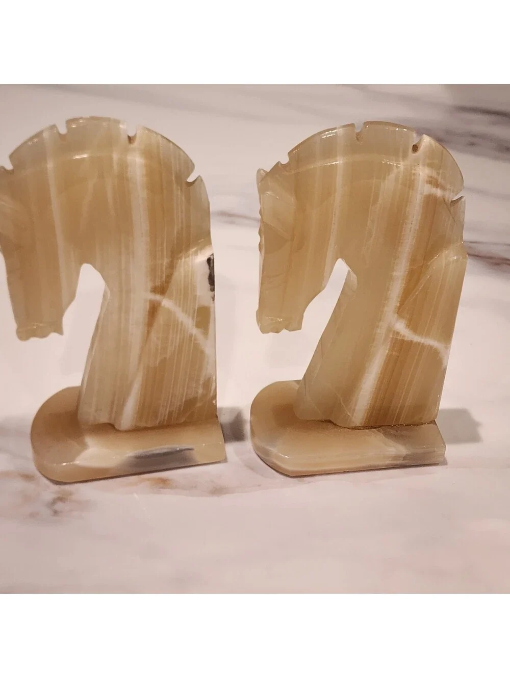Vintage Banded Onyx Horse Head Bookends Pair Cream Honey Carved Stone